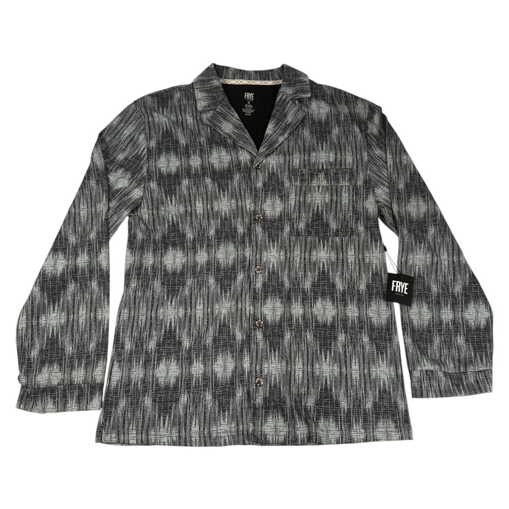 FRYE Men XL Flannel Print Notched Top Long Sleeve Black Gray Button Up Geometric